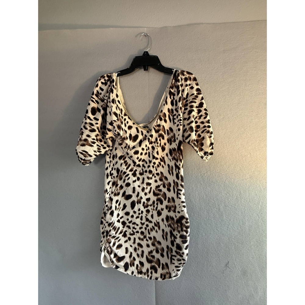 Guess Dress Womens M Brown Animal Print Scoop Neck Ruched Bodycon Mini